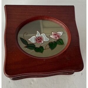 Wooden Jewelry Box Floral Glass Inlay Small Brown Trinket Case